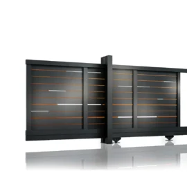 Poarta autoportanta aluminiu 5800 x 1800mm, prefabricata, model Ragnar, insertii tip lemn aluminiu